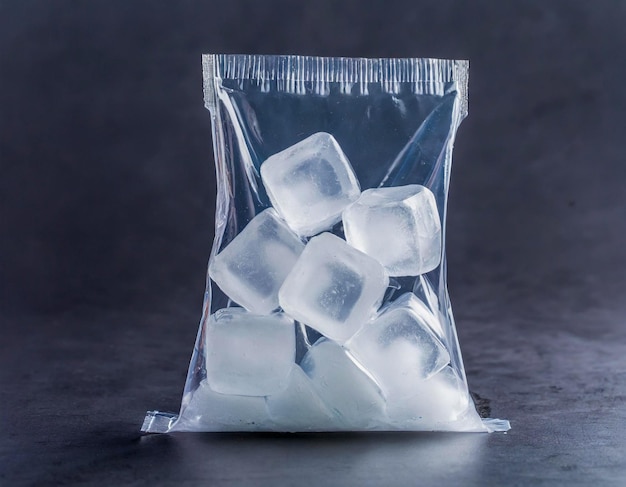 Foto cubos de hielo frescos en bolsas de plástico aislados en fondo gris