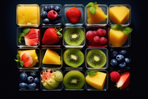 Cubos de hielo con frutas Alimentos frescos y saludables con jugosas bayas rojas de kiwi maduras y rebanadas de cítricos Refresco de verano con vitaminas y sabor delicioso