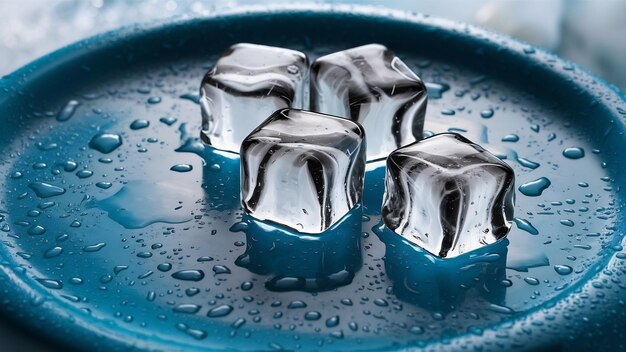 Foto cubos de hielo con gotas de agua esparcidas en un azul