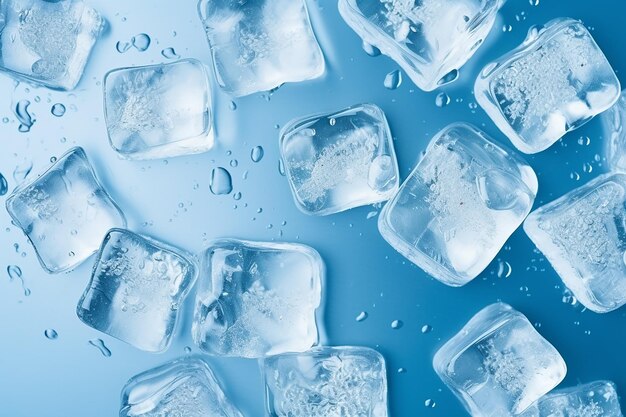 Cubos de hielo con gotas de agua sobre fondo azul.