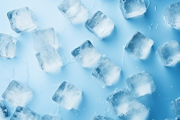 Cubos de hielo con gotas de agua sobre fondo azul.
