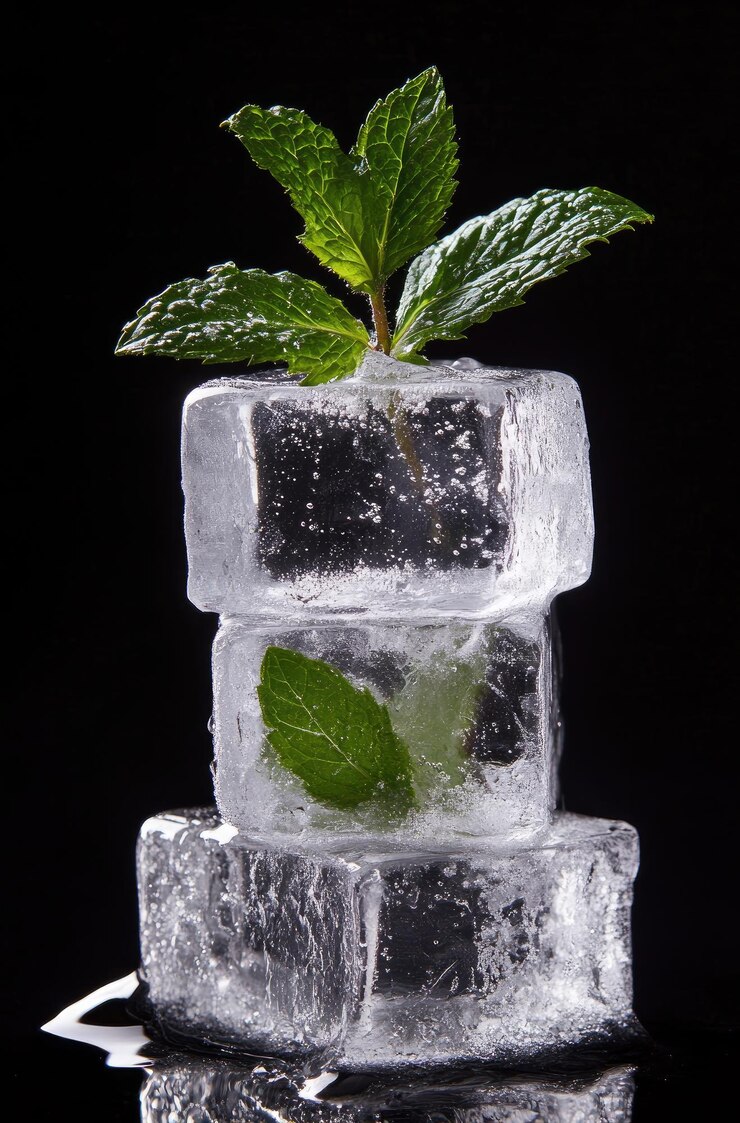 cubos de hielo con hojas de menta y una planta en el medio de ellos