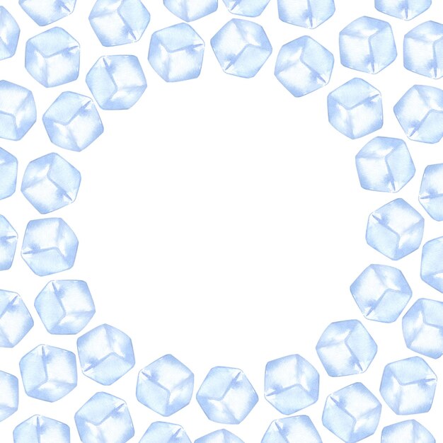 Cubos de hielo marco redondo azul cristal transparente para bebidas cócteles Ilustración de acuarela dibujada a mano aislada sobre fondo blanco Elemento de diseño para recetas de menús de bares y restaurantes folletos