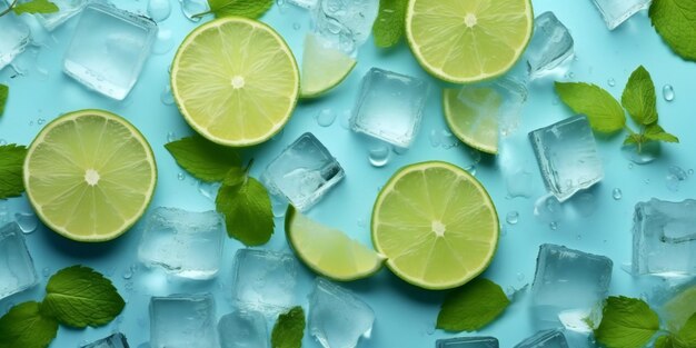 Cubos de hielo menta y limas cortadas sobre fondo turquesa