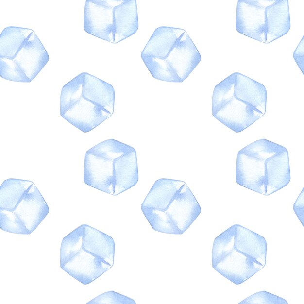 Cubos de hielo patrón sin costuras azul cristal transparente para bebidas cócteles Ilustración de acuarela dibujada a mano aislada sobre fondo blanco Elemento de diseño para volantes de recetas de menús de bares y restaurantes