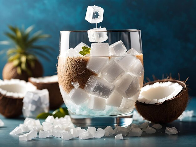 Foto cubos de hielo picados en un vaso de cóctel de coco ai generar
