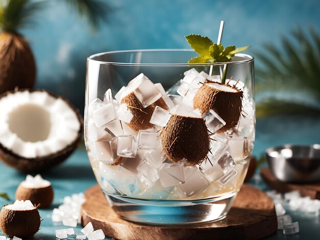 Foto cubos de hielo picados en un vaso de cóctel de coco ai generar