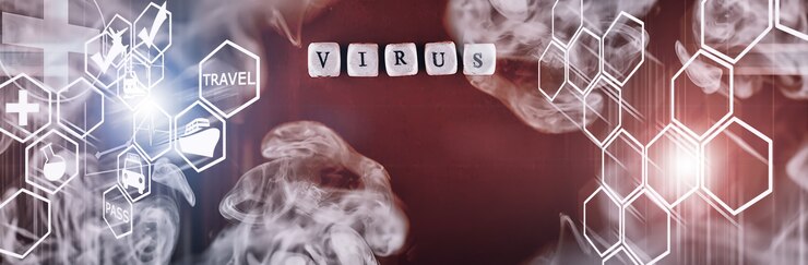 Foto cubos de letras pequeñas la inscripción "virus". sobre un coronavirus de fondo oscuro. director del virus y coronavirus. antecedentes de la pandemia mundial.