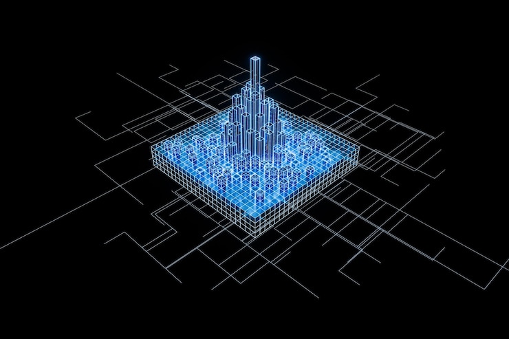 Foto cubos y líneas con renderizado 3d de fondo oscuro