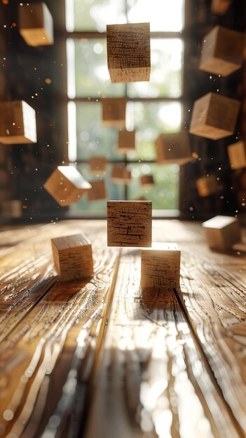 Foto cubos de madera flotando en el aire