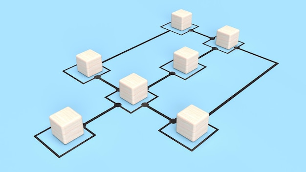 Los cubos de madera en el fondo azul del gráfico para la representación 3d del concepto de negocio