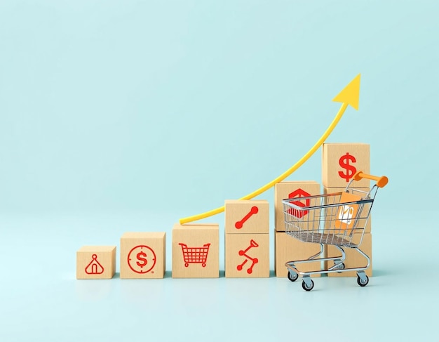 Cubos de madera con iconos de carrito de compras y gráfico de tendencia creciente Aumentar el volumen de ventas más alto y