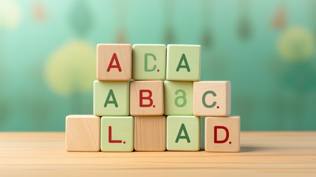 Cubos de madera con letras inglesas en un verde pastel