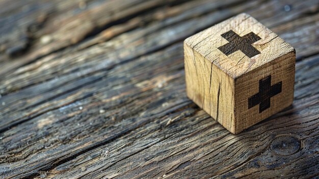 Cubos de madera con símbolo médico en un antiguo fondo de madera