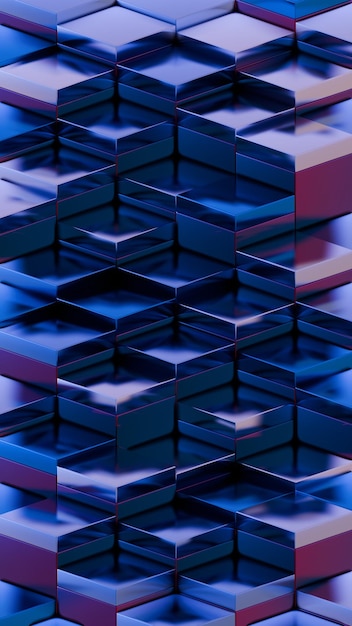 Cubos metálicos reflectantes en tonos azules y rojos