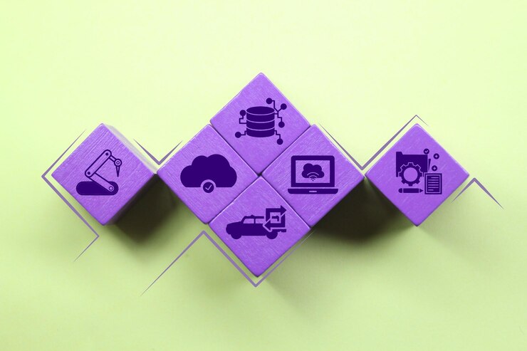 Foto cubos morados con diferentes íconos que incluyen una nube, un automóvil, una computadora portátil, una computadora portátil, un teléfono, una computadora portátil, un teléfono, una computadora portátil, un teléfono, una computadora portátil, un