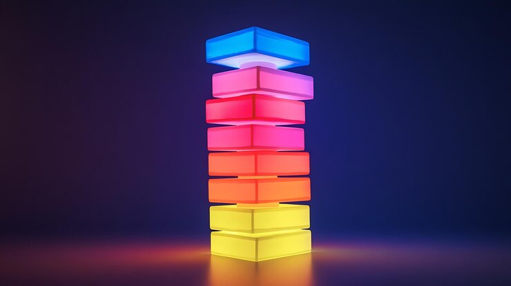 Foto cubos de neón apilados con un gradiente azul rosa rojo naranja y amarillo