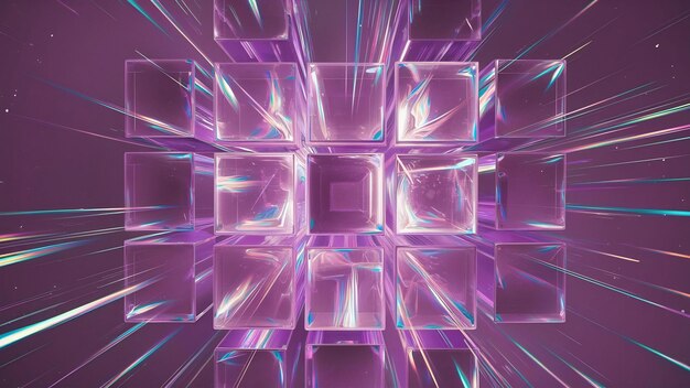 Cubos o bloques de cristal iridescente en fondo de geometría abstracta púrpura efecto de refracción de los rayos