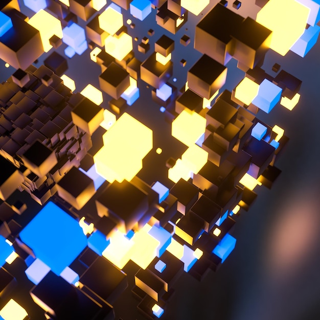 Cubos oscuros distribuidos aleatoriamente en el aire renderizado 3d