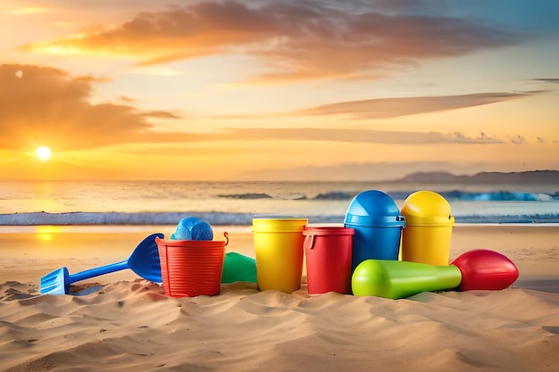 Cubos y palas en una playa al atardecer