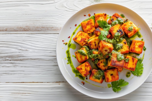Cubos de paneer dorado con chutney verde y cilantro en un plato blanco sobre un fondo de madera