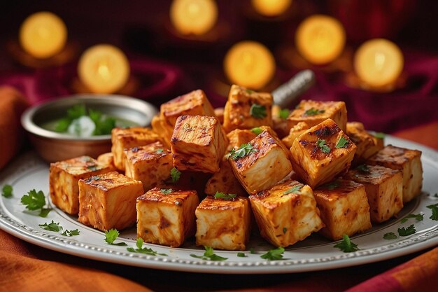 Cubos de paneer tikka dispuestos en forma de media luna en una p