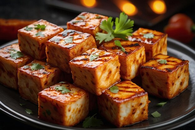 Cubos de paneer tikka dispuestos en un patrón cruzado en un pl