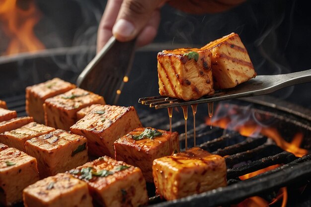 Los cubos de paneer tikka se vuelven con pinzas en una parrilla