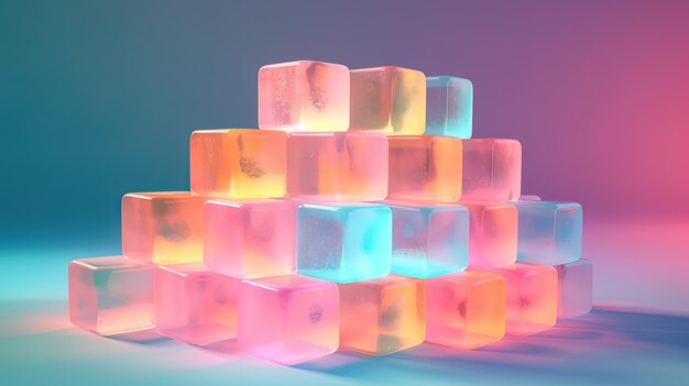 Cubos de plástico translúcidos de colores pastel iluminados dispuestos en orden