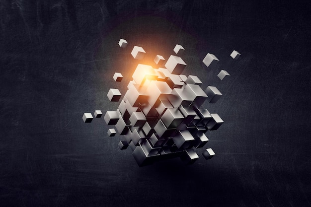 Cubos que brillan intensamente. Concepto de innovación y creatividad. Técnica mixta