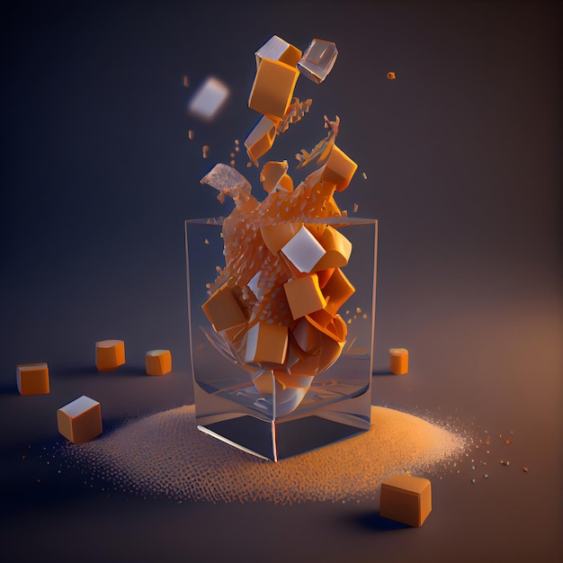 Cubos que caen en un vidrio 3D renderizado 3d ilustración