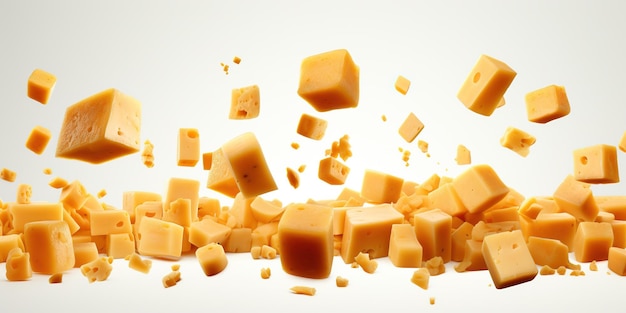Cubos de queso que caen aislados sobre un fondo blanco enfoque selectivo Queso Maasdam