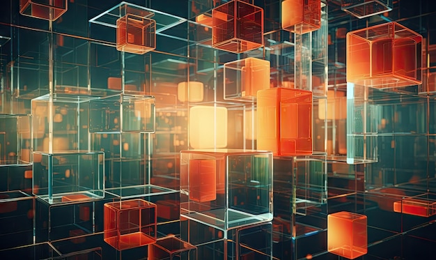 Cubos surreais flutuam no espaço escuro com um ponto focal laranja vibrante em vidro em meio a uma estrutura futurista AI Generative