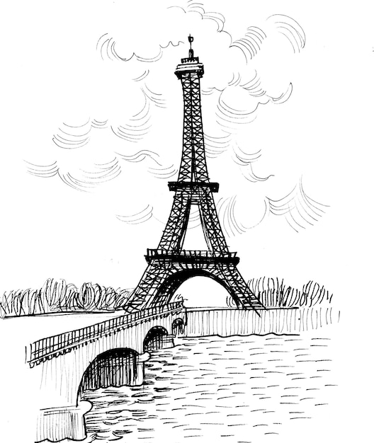 Cubra o desenho preto e branco de uma Torre Eiffel