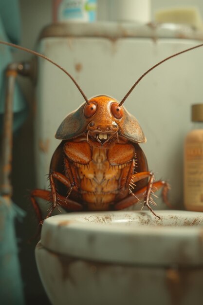 Una cucaracha grande está sentada en el baño en el baño