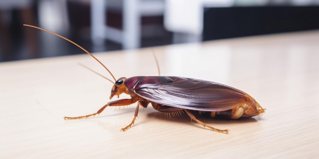 Una cucaracha en una mesa con un fondo blanco.