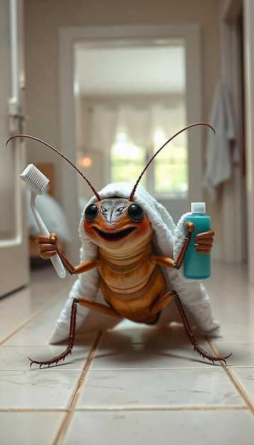 cucaracha con toalla de baño y expresión alegre