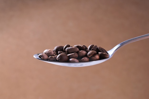 Cuchara de acero de los granos de café asados en cierre marrón claro del fondo para arriba