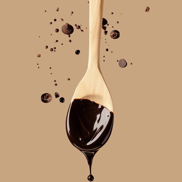 una cuchara con chocolate goteando sobre ella
