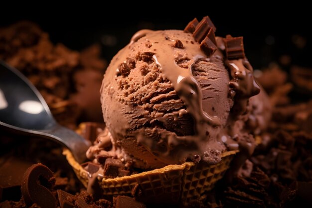 Foto una cuchara de helado de chocolate en un cono