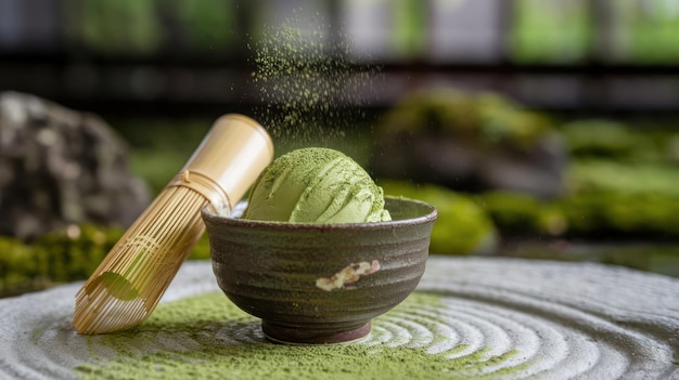 Una cuchara de helado de matcha salpicada de polvo