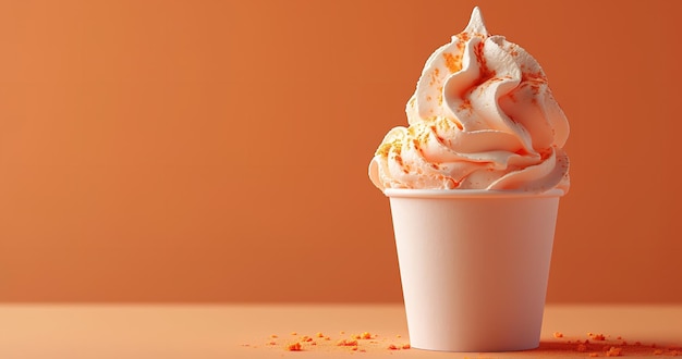 Una cuchara de helado de naranja en una taza en un telón de fondo de melocotón limpio con un gran espacio de copia IA generativa