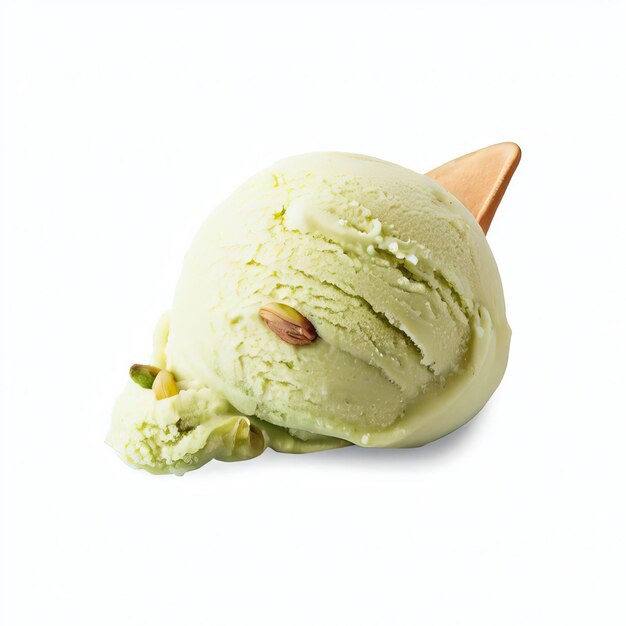 Foto una cuchara de helado de pistacho aislado en un fondo blanco ia generativa