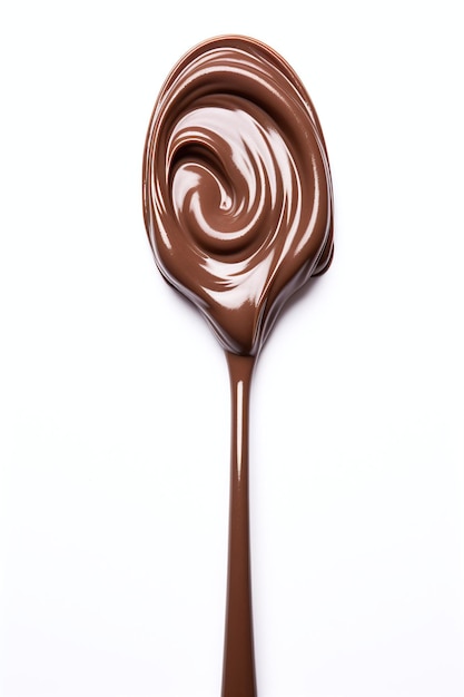 Una cuchara llena de helado de chocolate sobre un fondo blanco