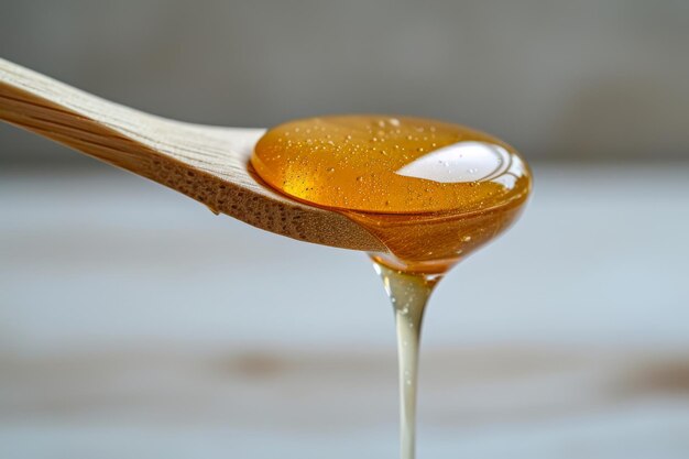 Foto una cuchara llena de líquido se sienta en la parte superior de una mesa que refleja el entorno manuka miel goteando de una cuchara de madera ai generada