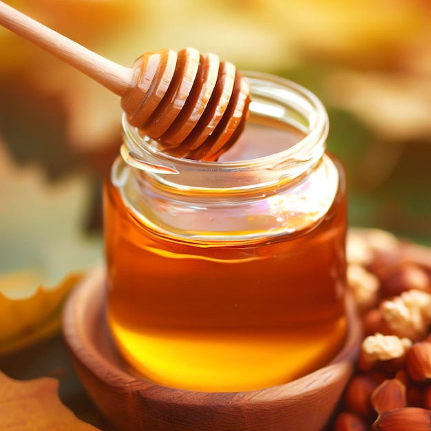 Cuchara de madera dentro de un tarro de miel con nueces y un tazón de cereal en hojas de otoño fondo borroso