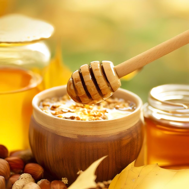Cuchara de madera dentro de un tarro de miel con nueces y un tazón de cereal en hojas de otoño fondo borroso
