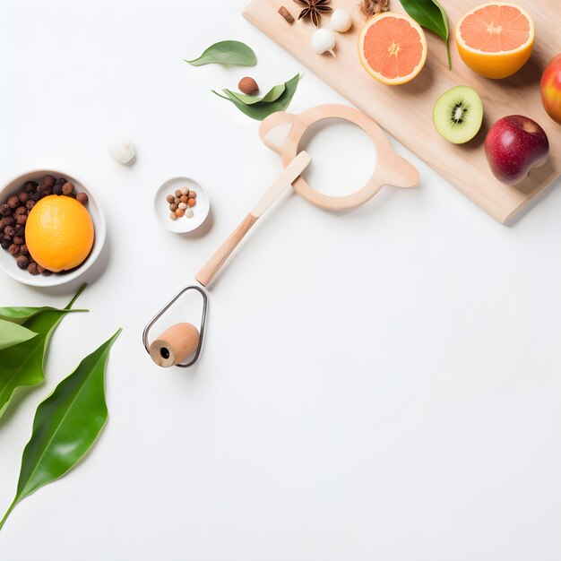 Una cuchara de madera con mango de madera se asienta sobre un fondo blanco con un cuenco de frutas y nueces.