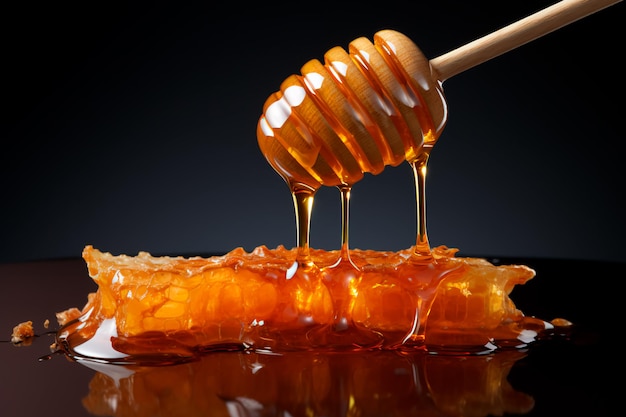 Cuchara de madera con miel sobre un fondo aislado