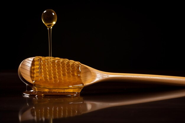 Foto cuchara de madera de panal en miel y gotas de miel